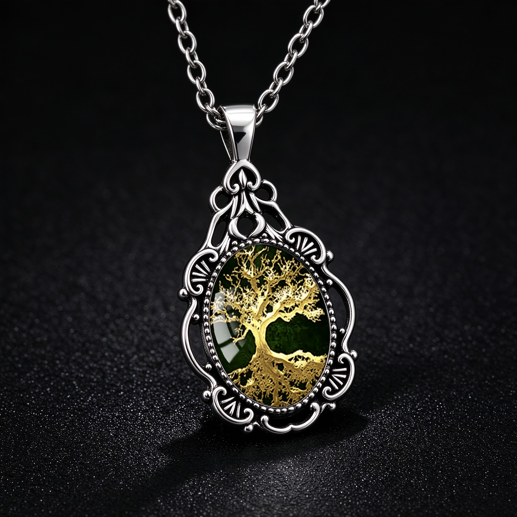 Men's Deep Green Life Tree Pattern Oval Glass Pendant Necklace
